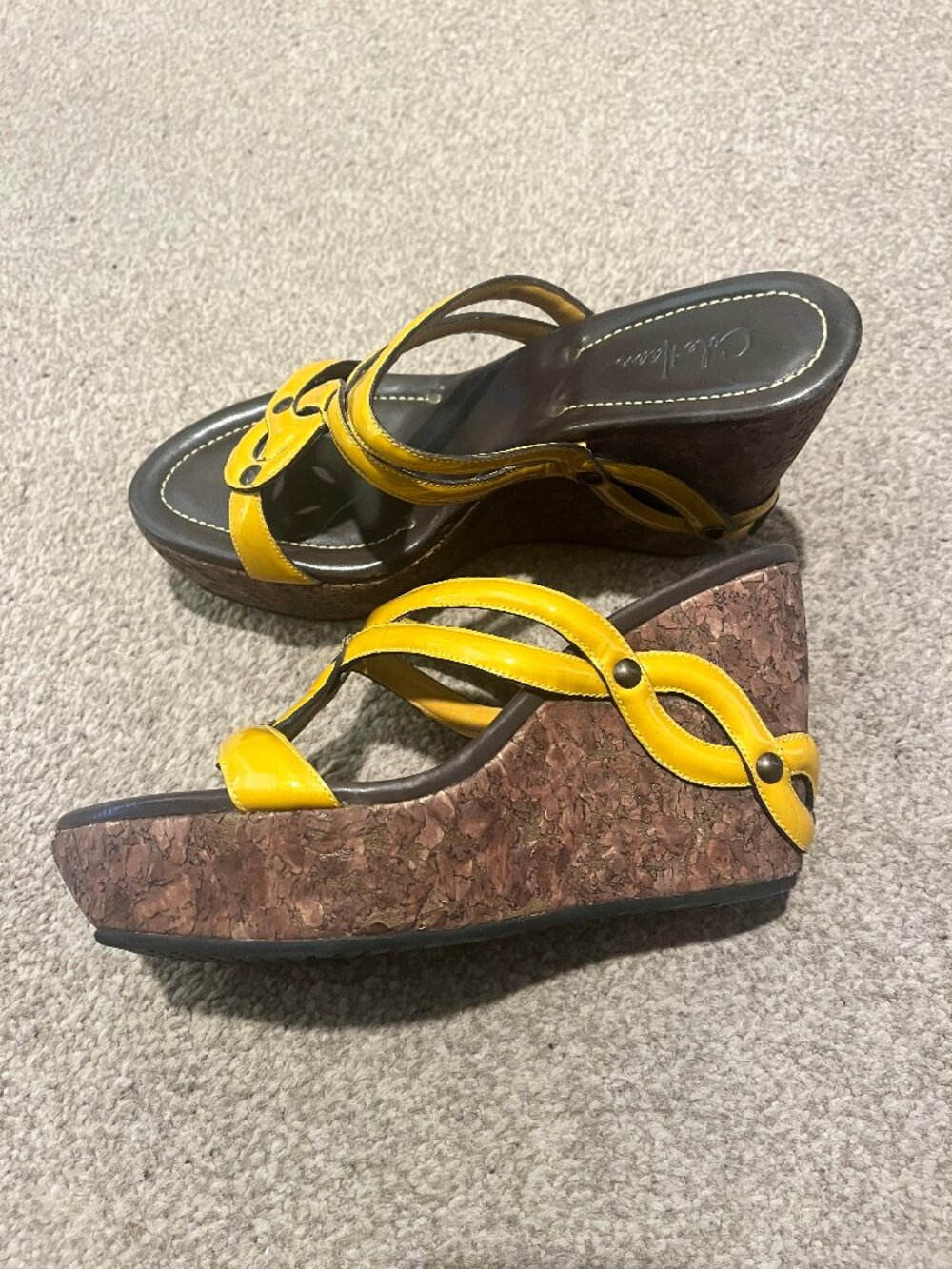 Cole Haan Mustard Yellow Patent Leather Cork Wedge Sandals